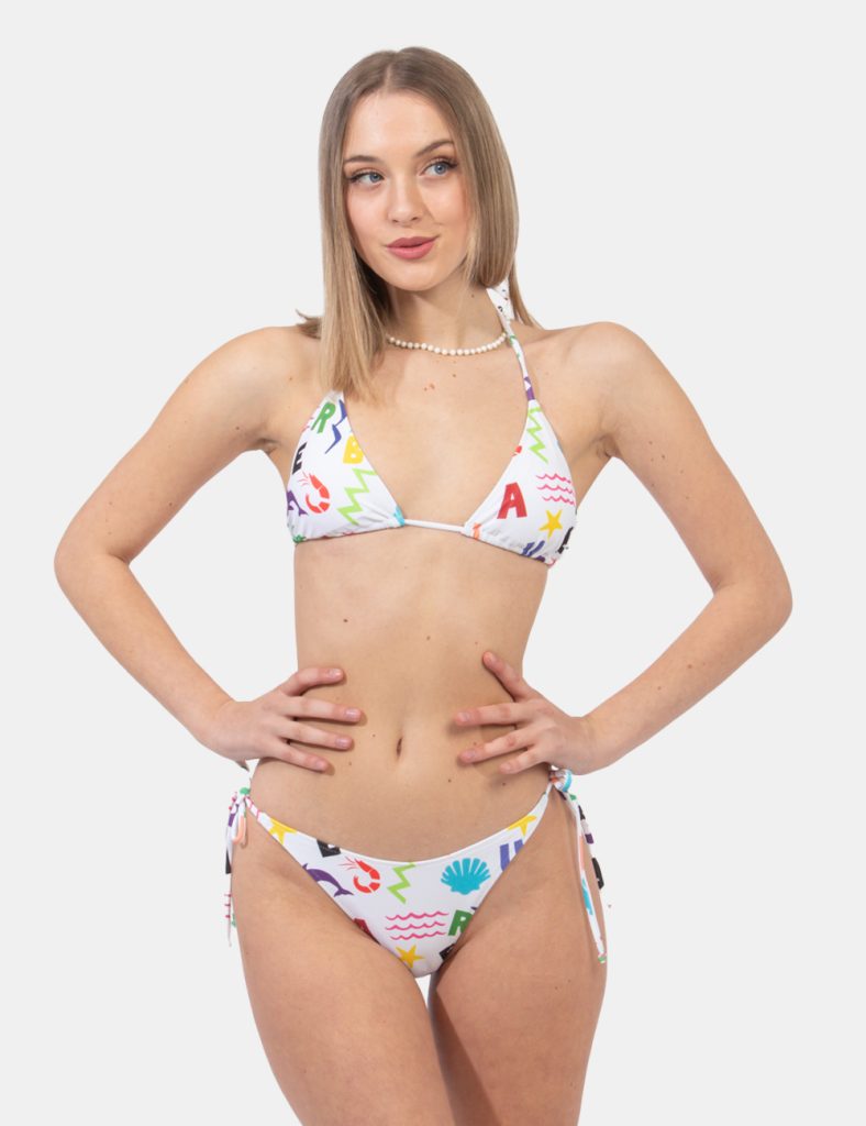 Bikini Blauer Fantasia - Costume modello bikini con reggiseno e triangolo e slip sgambato. Il capo si sviluppa su base bianc