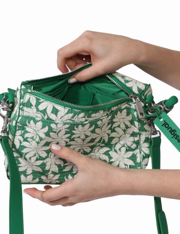 Borsa Desigual Verde - Borsa a tracolla di piccole dimensioni su base verde foresta con stampa allover floreale bianca. La b