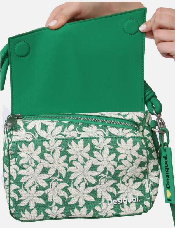 Borsa Desigual Verde - Borsa a tracolla di piccole dimensioni su base verde foresta con stampa allover floreale bianca. La b