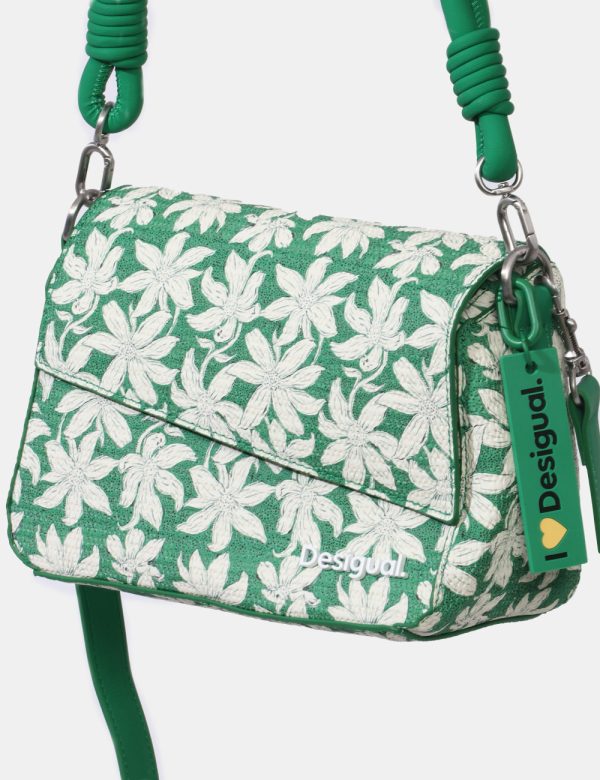 Borsa Desigual Verde - Borsa a tracolla di piccole dimensioni su base verde foresta con stampa allover floreale bianca. La b