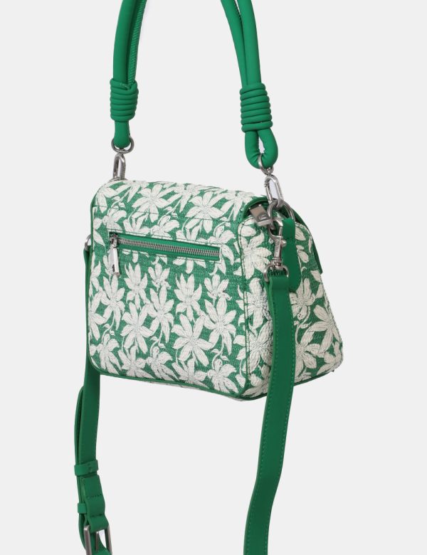 Borsa Desigual Verde - Borsa a tracolla di piccole dimensioni su base verde foresta con stampa allover floreale bianca. La b