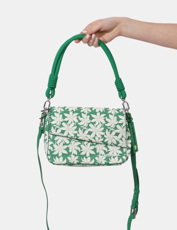 Borsa Desigual Verde - Borsa a tracolla di piccole dimensioni su base verde foresta con stampa allover floreale bianca. La b