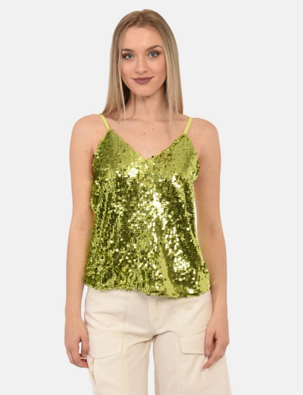 Top Fracomina Verde - Top in total verde lime con paillettes coordinate. Presente scollo profondo e spalline strette regolab