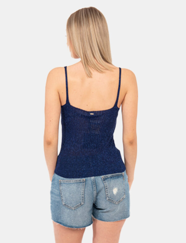 Top Fracomina Blu - Top corto in maglina ed in total blu navy con filo lurex. Il capo presenta spalline strette ed uno scoll