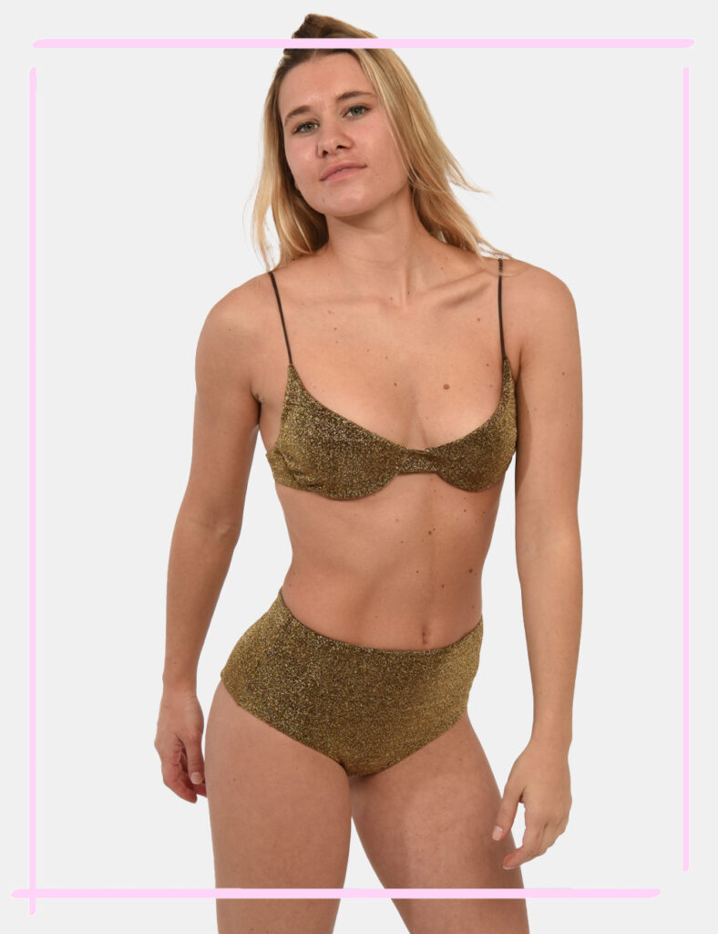 Slip Sundek Oro - Slip costume modello a vita alta su base marrone intenso con filo lurex dorato. La vestibilità è morbida e