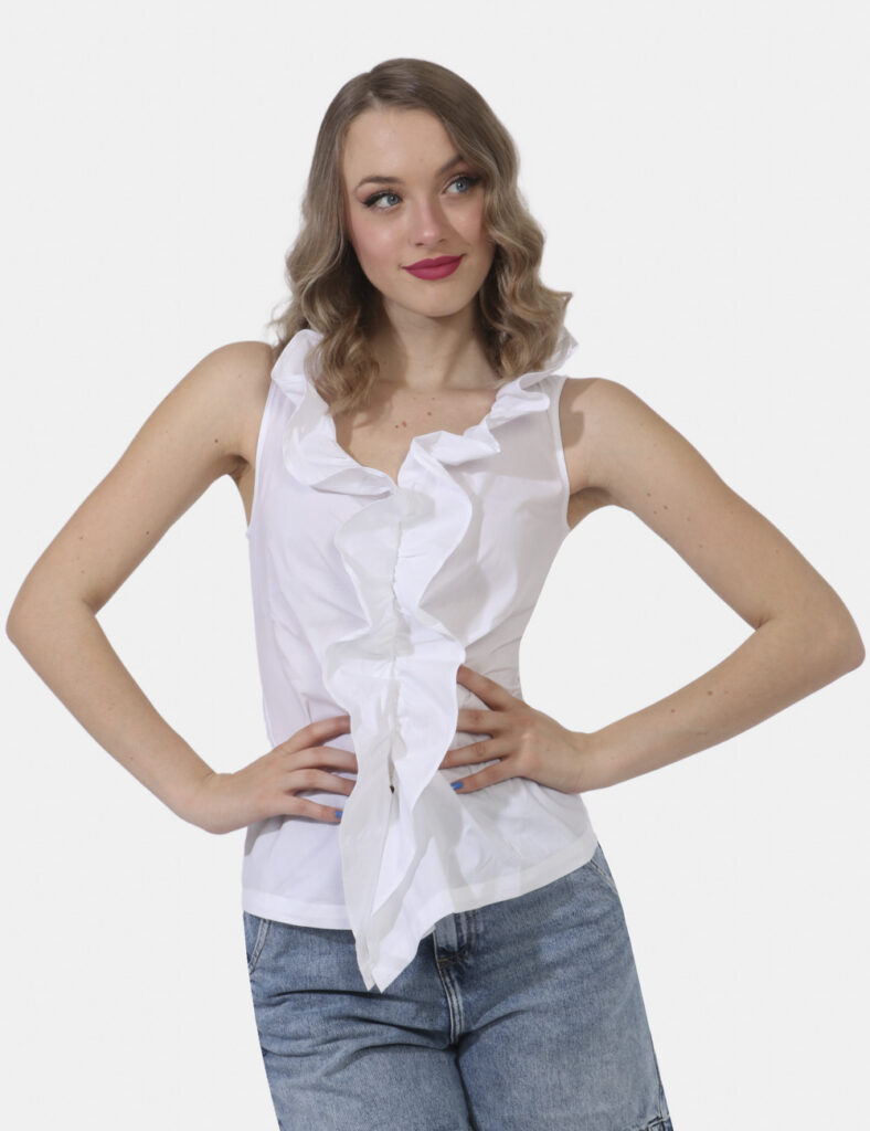 Top Emme Marella Bianco - Top a giromanica simil camicia in total bianco. Presente volant in tinta posto lungo l'apertura su