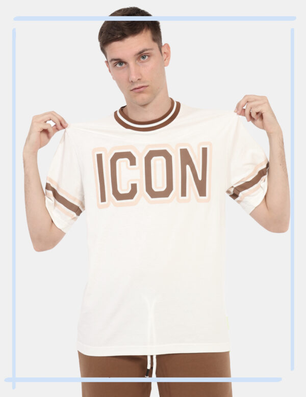 T-shirt Icon Beige - T-shirt morbida su base beige con stampa logo brand in marrone e rosa. Le stesse colorazioni sono richi