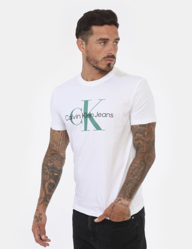 T-shirt CALVIN KLEIN Bianco - T-shirt classica in total bianco con stampa logo brand nero e verde sul fronte. La vestibilità