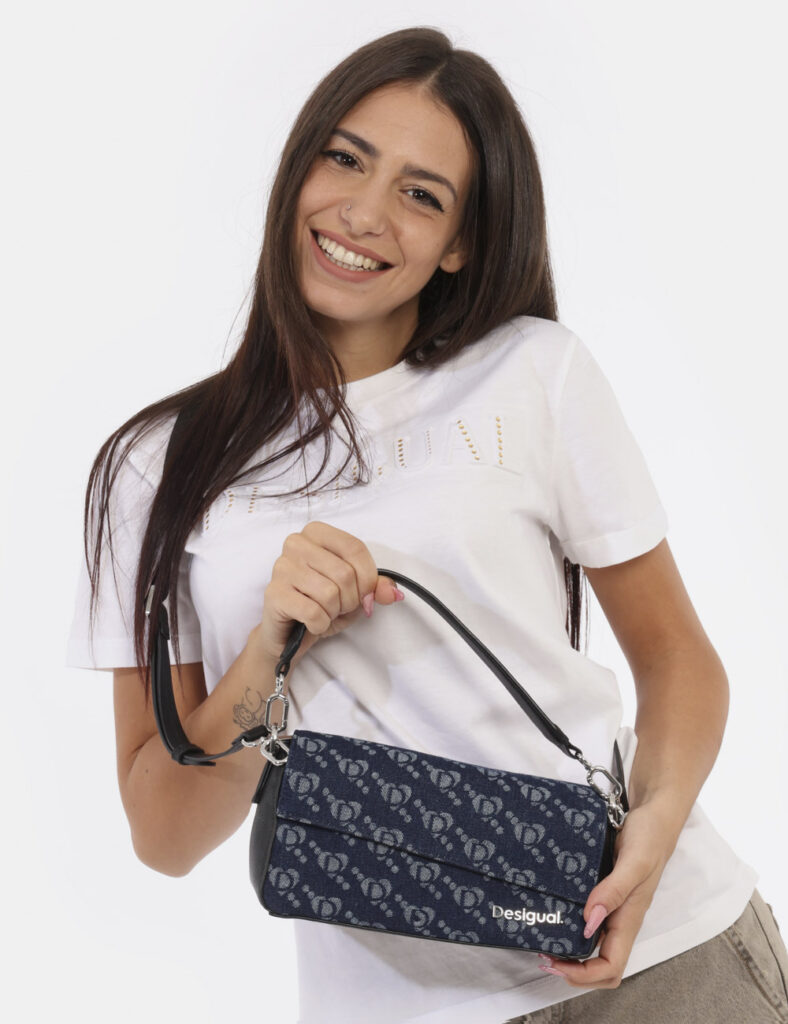 Borsa Desigual Blu - Borsa a tracolla di piccole dimensioni in tessuto blu denim più nero. La bag si compone di unico scompa