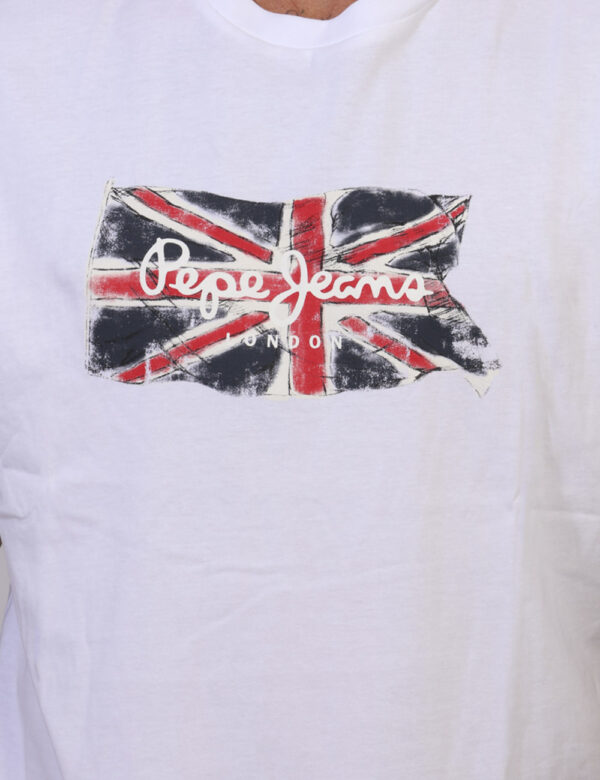 T-shirt Pepe Jeans Bianco - T-shirt classica su base bianca con stampa logo brand in rosso e nero. La vestibilità è morbida