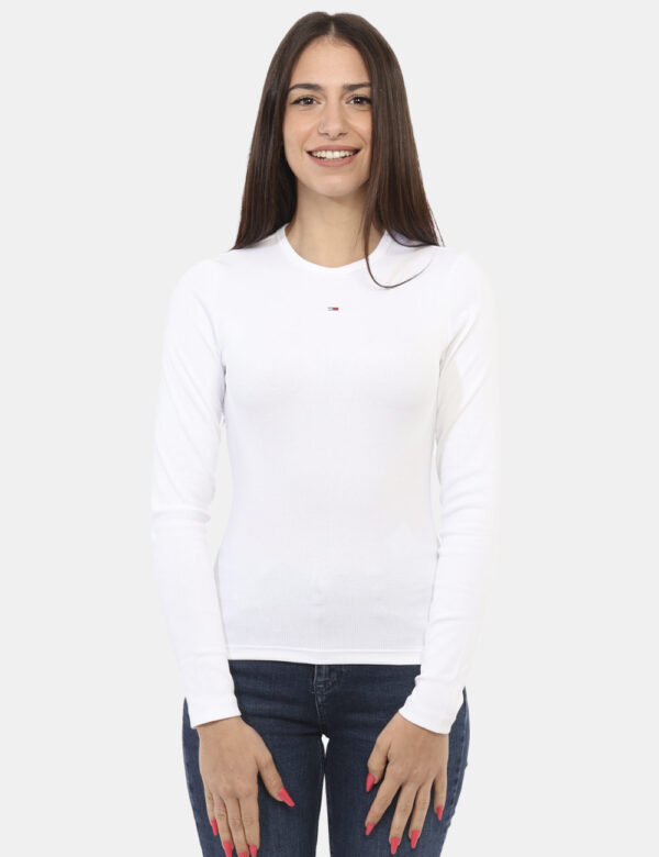 Maglia Tommy Hilfiger Bianco - Maglia costina a maniche lunghe in total bianco con girocollo classico più piccolo patch logo