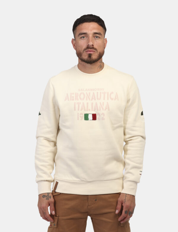 Felpa Aeronautica Italiana Panna - Felpa su base bianco panna con big stampa sul fronte e vari patch che richiamano il logo