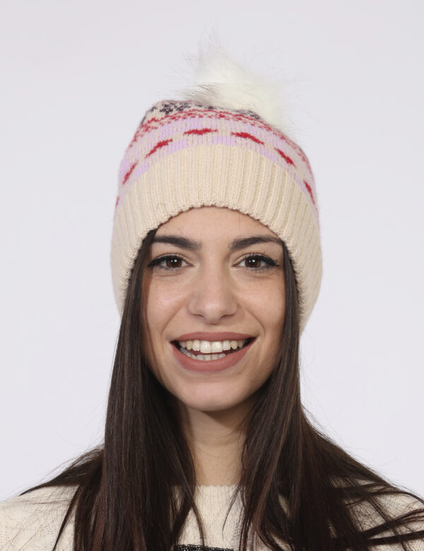 Cappello Veromoda Beige - Cappellino modello berretto con risvoltino e pom pom. La base è beige e la stampa in trama spazia