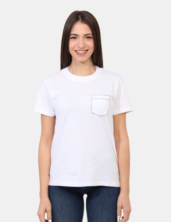 T-shirt Rue De Clerie Bianco - T-shirt in total bianco con taschino a toppa ad altezza cuore arricchito da glitter argentati