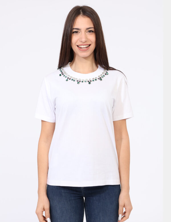 T-shirt Rue De Clerie Bianco - T-shirt in total bianco con girocollo classico arricchito da glitter argentati e verdi. La ve