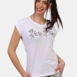 T-shirt Yes Zee Bianco - T-shirt classica su base bianca con stampa tendente al nero arricchita da glitter argentati. La ves