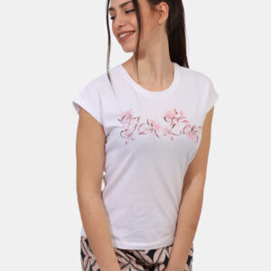 T-shirt Yes Zee Bianco - T-shirt classica su base bianca con stampa tendente al rosa arricchita da glitter argentati. La ves