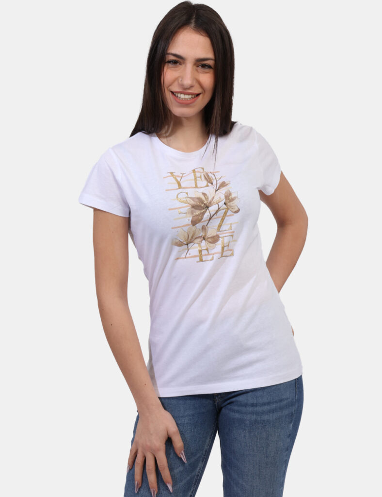 T-shirt Yes Zee Bianco - T-shirt classica su base bianca con stampa floreale brandizzata arricchita da glitter dorati. La ve