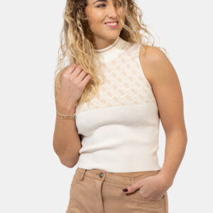 Top Guess Beige - Top corto in maglina, a giromanica, con collo alto ed in total beige, più stampa allover logo brand. La ve