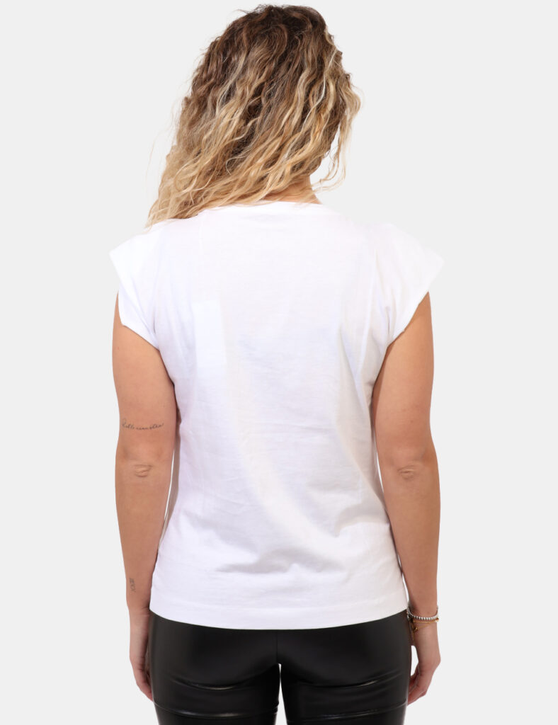 T-shirt Guess Bianco - T-shirt su base bianca con stampa ricamata logo brand in tinta dorata. Presente ulteriore dettaglio c