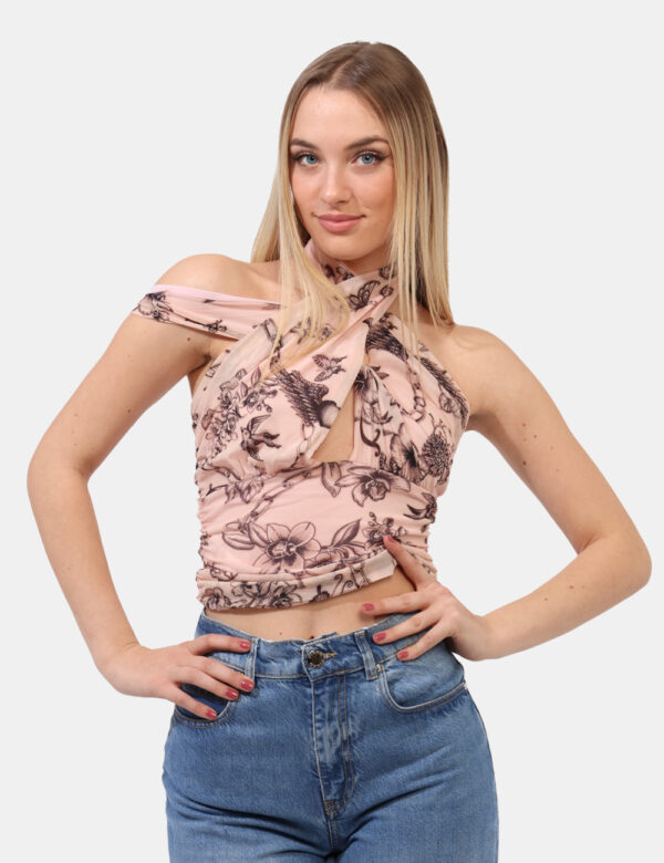 Top Pinko Rosa - Top modello intrecciato sul collo con spallina pendente, su base rosa chiaro con stampa allover stilizzate